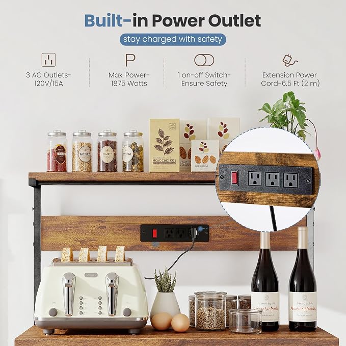 DUMOS 31.5" Bakers Rack with Power Outlet for Kitchen Organization | Microwave Stand with 3 AC Outlets, On/Off Switch and 6.5ft Power Cord, 3 Open Tiers and Adjustable Middle Shelf, Brown