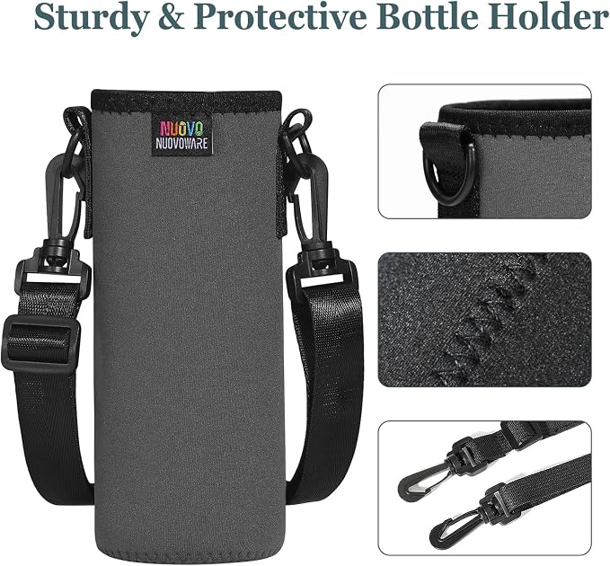 Nuovoware Water Bottle Carrier, 750ml, Charcoal Gray‌ | Portable Insulated Neoprene Sleeve, Adjustable Shoulder Strap, Fit Stainless Steel, Plastic Bottles, Small Size