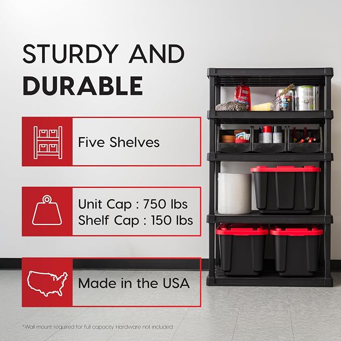 IRIS USA Plastic Storage Shelves |Made in USA| 68"H x 36"W x 18"D - Black | Heavy Duty Rack Organizer, 750lb Total Capacity, 150lb Per Shelf, Shelving Unit for Garage, Home, Warehouse & Gym