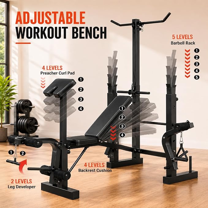 Adjustable Weight Bench, Foldable Flat Incline Decline Workout Bench & All-in-One Home Gym Training Station, Multi-Style & Weight Capacity Optional for Full Body Strength Training