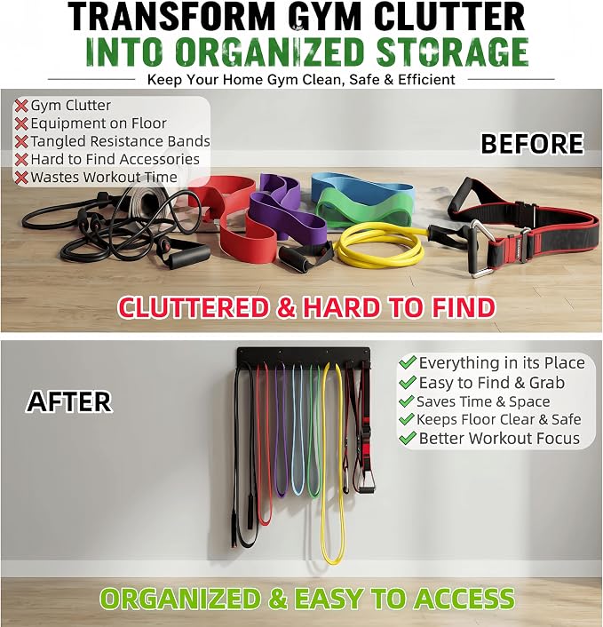 9 Hook Wall Mount Gym Storage Rack, Heavy-Duty Fitness Equipment Organizer | Thickened 3mm Steel Construction with Wide-Spaced Hooks Helps Prevent Crowding and Keeps Gear Easy to Access