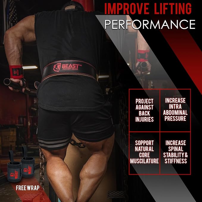 Weight Lifting Belt - 4” Genuine Leather Belts Padded Lower Back Support for Gym Bodybuilding Squat Deadlift Weightlifting Cross Strength Training Men Women Free Wrist Wrap