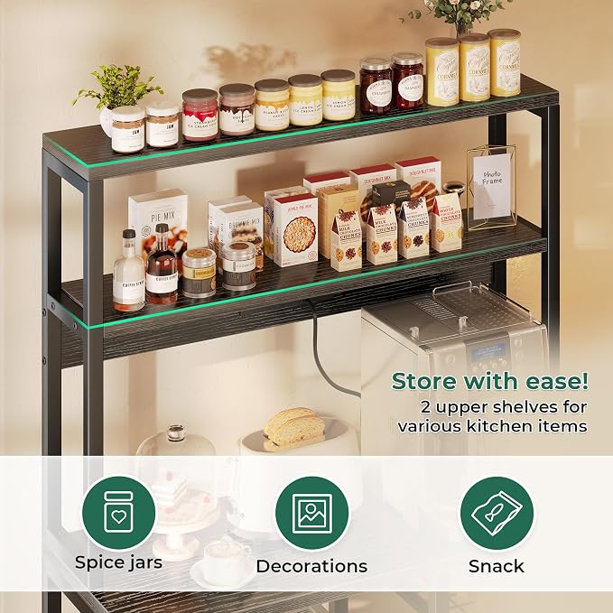 SUPERJARE Bakers Rack with Power Outlet, 35.4 Inches Coffee Bar with Basket | Kitchen Microwave Stand with 11 S-Shaped Hooks, Open Storage Shelves, Black