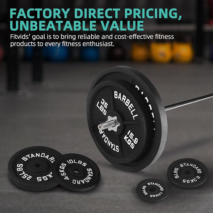 Fitvids Cast Iron Standard Weight Plates Including 5FT Standard Barbell with Star Locks, 45-Pound Set (35 Pounds Plates + 10 Pounds Barbell), Multiple Styles