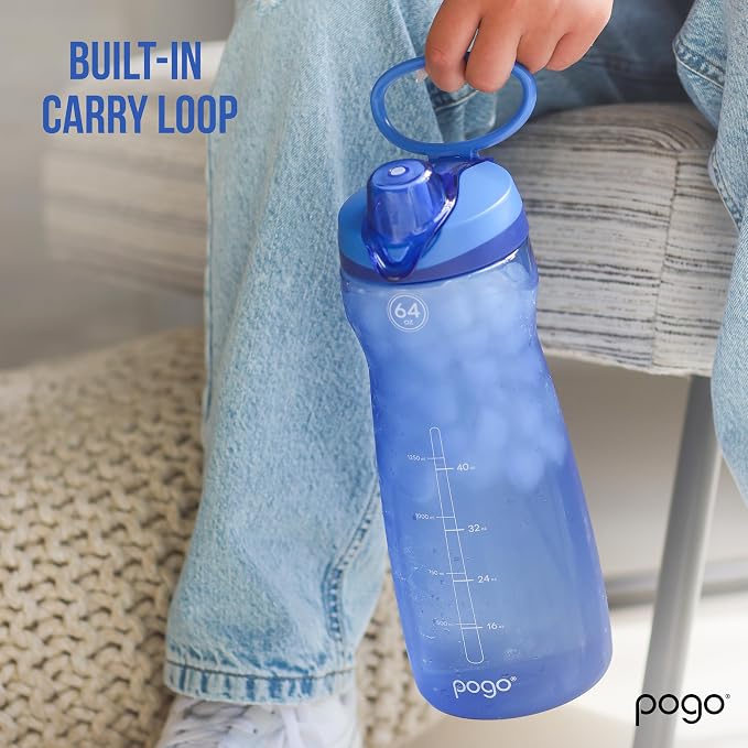 Pogo 64oz Plastic Water Bottle with Chug Lid and Carry Loop, Blue | Leakproof water bottle with chug lid and capacity markings. BPA-free, great for travel, school, outdoors, and gym.