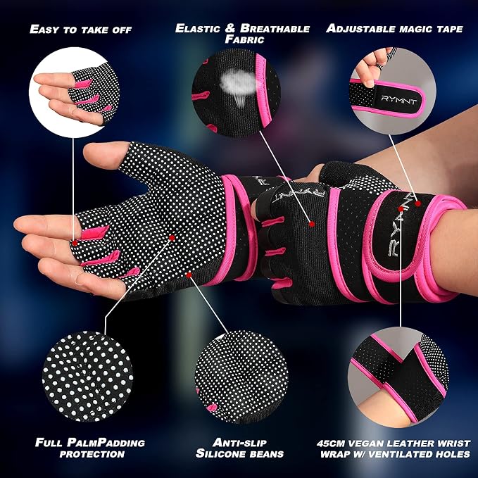 Workout Gloves for Women Men with Wrist Wrap Support Weight Lifting Gloves | Padded Gym Gloves for Weightlifting, Exercise, Crossfit, Resistance Training, Wrist Protection, Full Palm Grip, Fingerless