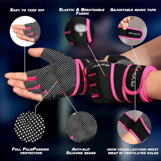Workout Gloves for Women Men with Wrist Wrap Support Weight Lifting Gloves | Padded Gym Gloves for Weightlifting, Exercise, Crossfit, Resistance Training, Wrist Protection, Full Palm Grip, Fingerless