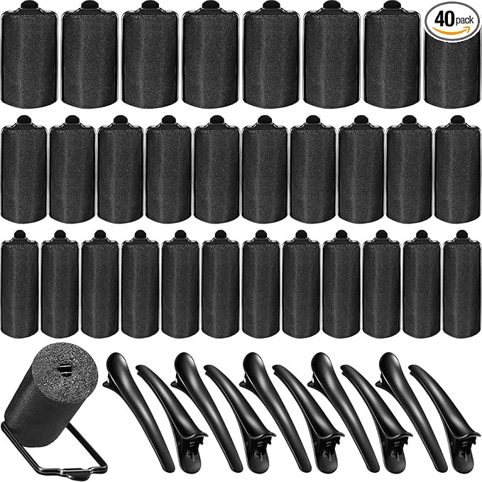 40 Pieces Sponge Hair Rollers Satin Rollers Silk Foam Roller Women Hair Curlers with Duck Teeth Clips for Hairdressing Styling(Black)