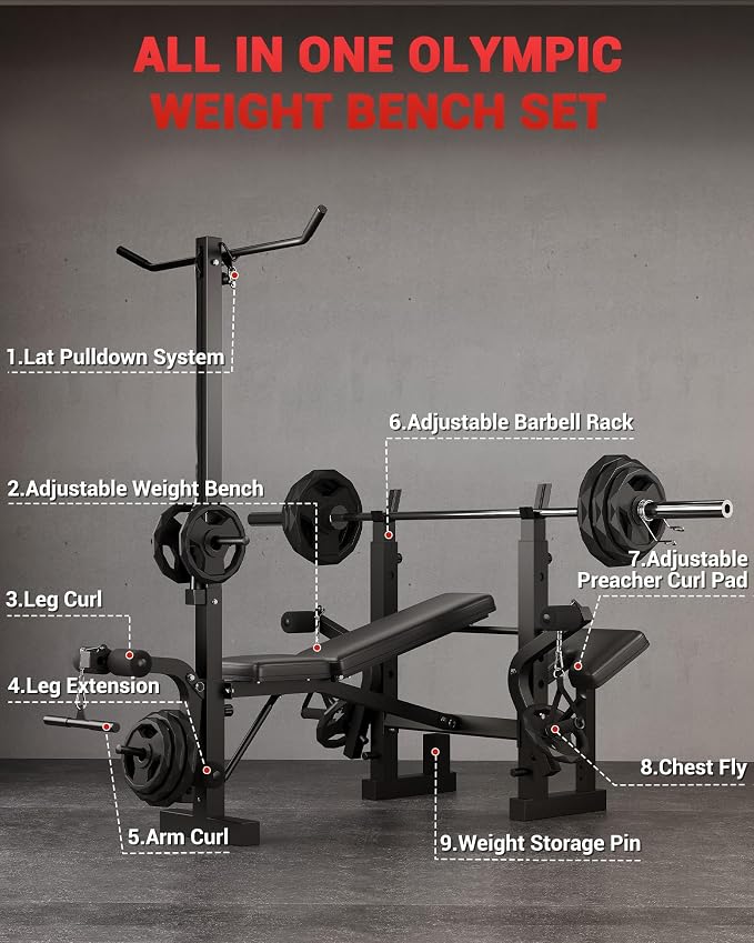 8-in-1 Weight Bench Set for Home Gym, Foldable Workout Benchs | With Preacher Curl Pad, LAT Pulldown and Leg Extension Leg Curl, Bench Press for Full Body Exercise