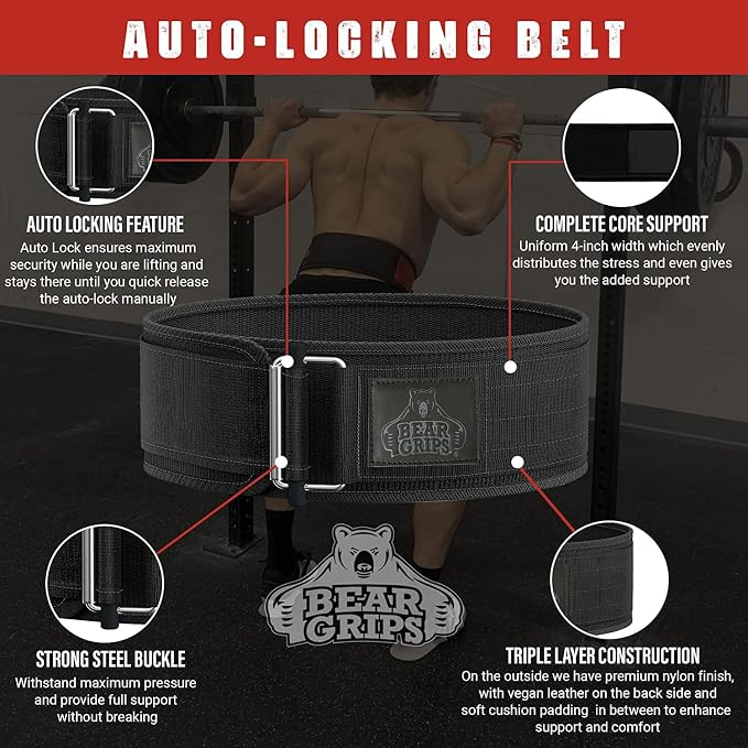 Bear Grips Weight Lifting Belt, Weightlifting Belt for Women, Weight Belt For Men Gym Belt With Locking Buckle, Nylon Belt, Squat Belt, Deadlift Belt, Workout Belt, Exercise Belt for Back Support