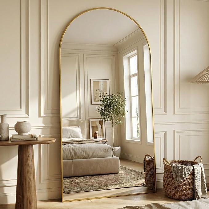 Suidia 82"x44" Arched Full Length Mirror with Stand, Full Body Mirror with Aluminum Frame, Freestanding/Leaning/Wall-Mounted, Floor Mirrors for Bedroom, Living Room, Entryway, Dressing Room, Gold