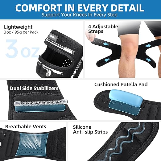 CAMBIVO Patella Tendon Support Knee Brace for Women & Men, Adjustable Knee Strap with Gel Pad & Side Stabilizers, Breathable Lightweight Knee Support for Running, Training & Daily Use (Black, L/XL)