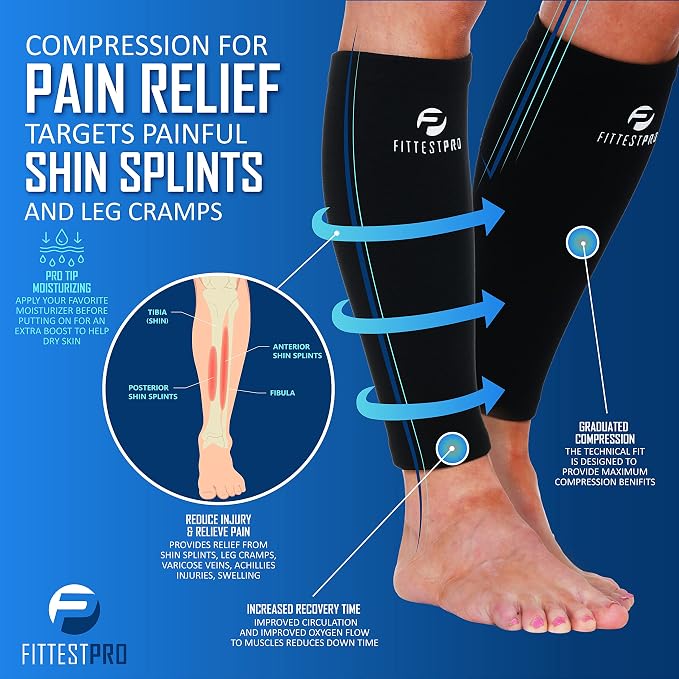 Fittest Pro Calf Compression Sleeves and Leg Wraps for Shin Splint Support, Pain Relief for Running, Basketball, Cycling