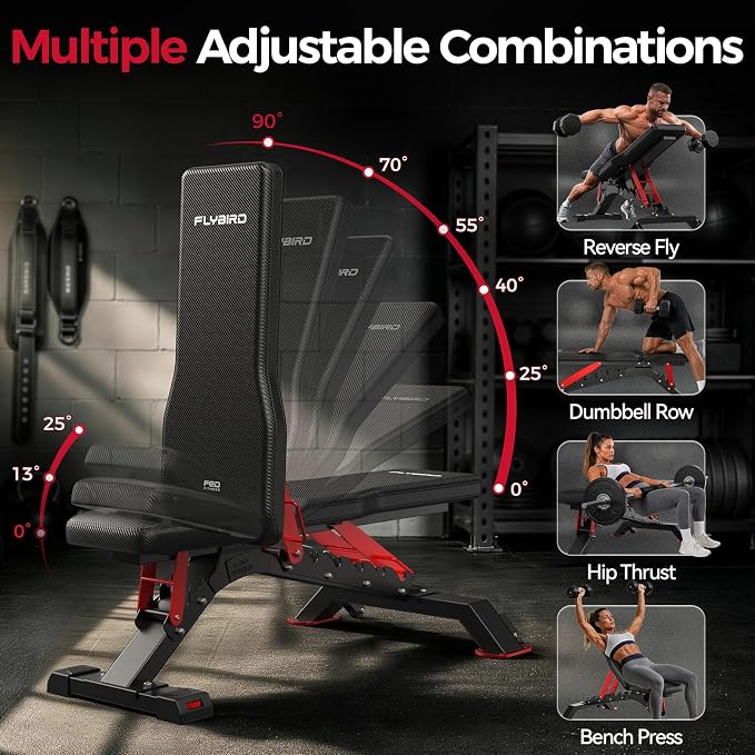 FLYBIRD WB7 Weight Bench, 1300LBS Commercial Adjustable Weight Bench, Workout Bench for Home Gym, Flat Incline Bench Press Heavy Duty Bench with 34'' Extra-Long Backrest and Easy-Roll Wheels