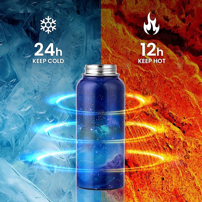 RAYMYLO Insulated Water Bottle 32 oz, Triple Wall Vacuum Stainless Steel | (Cold for 24Hrs, Hot for 12Hrs), Leak Proof & Non-BPA, Modern Water Flask Jug with Paracord Handle & Straw Spout Lids