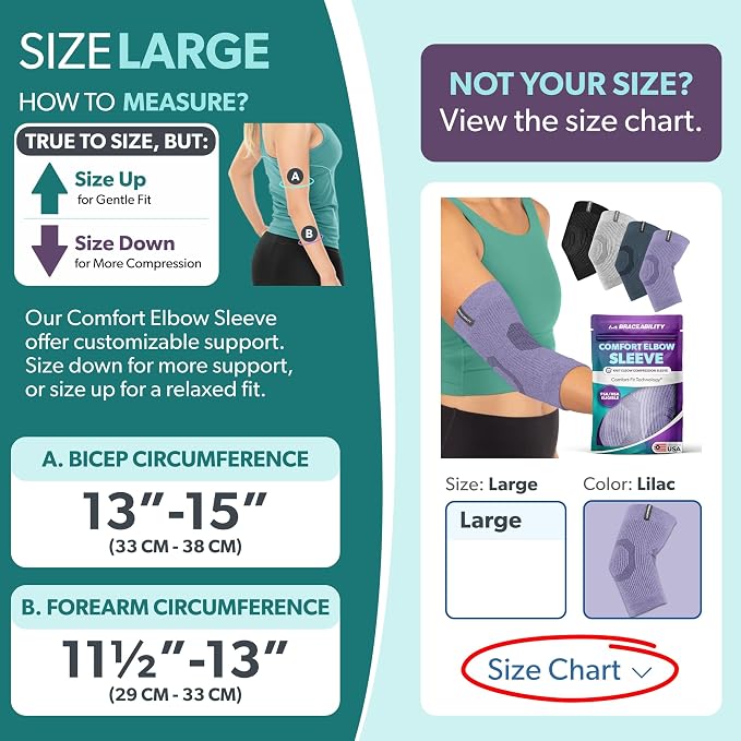 BraceAbility Elbow Compression Sleeve for Bursitis - Olecranon Elbow Brace for Tendonitis, Tennis Elbow, Golfers Elbow, Arthritis, Elbow Pain Relief Arm Sleeve for Women and Men (L - Lilac)