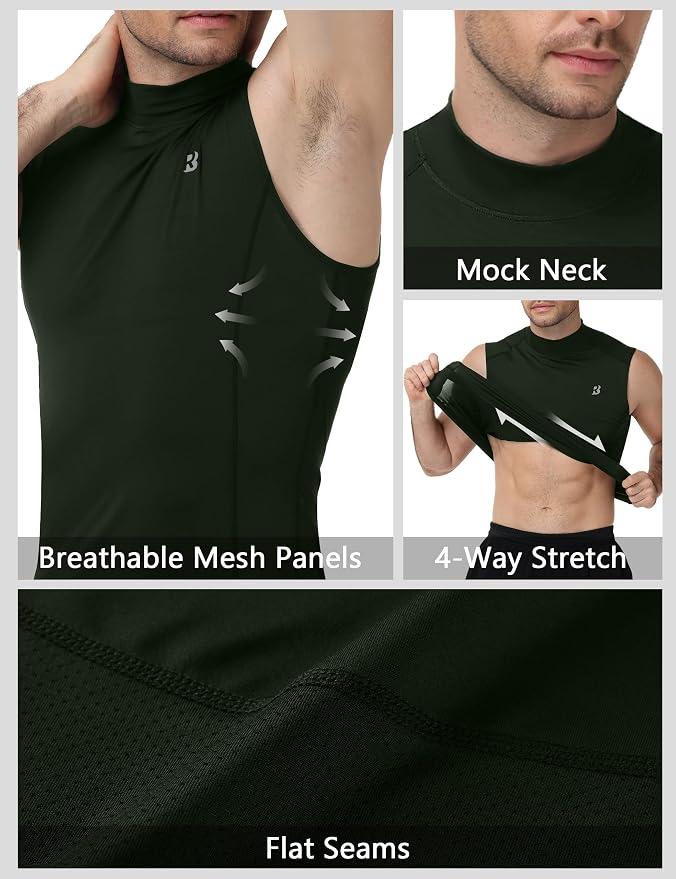 Roadbox Men's Compression Tank Top, Mock Turtleneck Sleeveless Shirt, Fitted Athletic Base Layer for Gym Workout