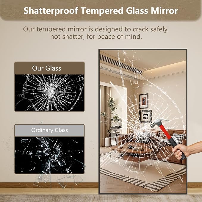 Mirrorons 72"x44" Oversized Black Full Length Mirror, Floor Standing or Wall Mounted with Hanging Kit, Shatterproof Tempered Glass Mirror for Living Room, Bedroom, Dressing Room, Gym