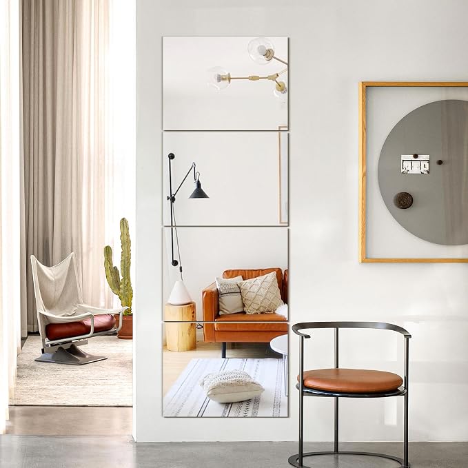 TRAHOME Wall Mirror Tiles, 16"x12"x4PCS Full Length Home Gym Mirror | HD Tempered Glass, Frameless Workout Mirror for Garage, Bedroom, Living Room, Over The Door
