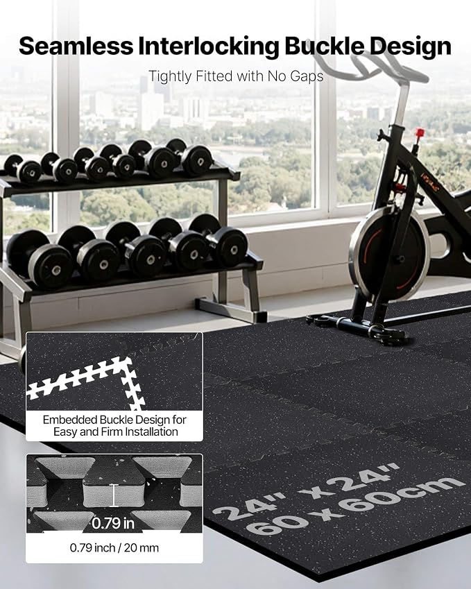 VEVOR 0.79Inch 48sq.ft 12 Tiles Gym Flooring for Home Gym, Rubber Top with High Density EVA Foam, 24 x 24In Gym Floor Exercise Equipment Mats, Interlocking Gym Mats, Puzzle Workout Mats, Black & Gray | Rubber Top with High Density EVA Foam, Lightweight...