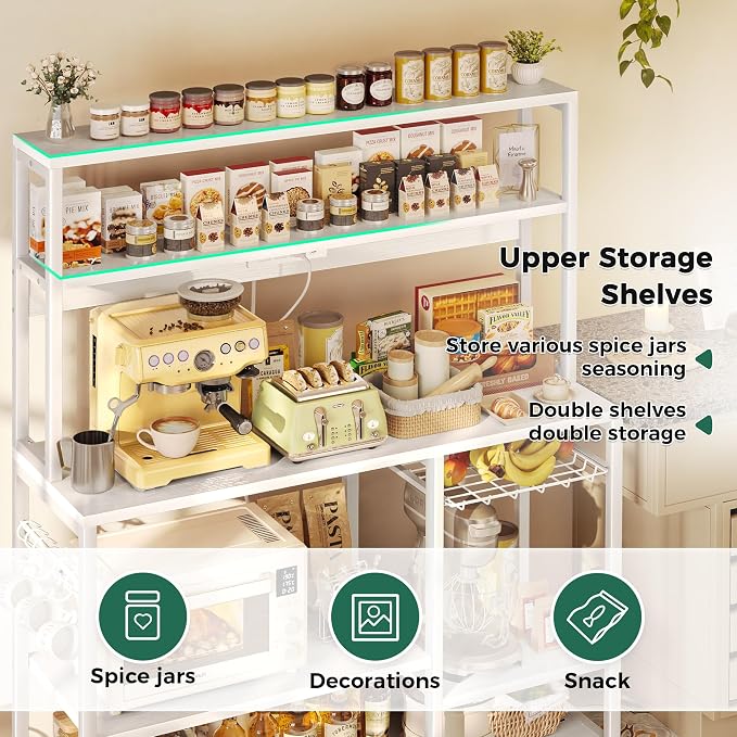 SUPERJARE Bakers Rack with Power Outlet, 47.2 Inches Coffee Bar with Basket | Kitchen Microwave Stand with 3 Level-Adjustable Open Shelves, with 6 S-Shaped Hooks, White