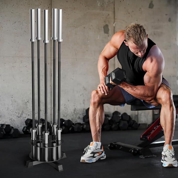 EVERYMATE Vertical Barbell Rack - Heavy-Duty Steel Organizer, Barbell Holder Floor Stand, Fits 2" Olympic Bars with Scratch-Resistant Inserts, Space-Saving for Home/Garage/Commercial Gym