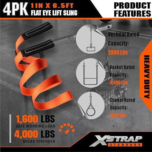 XSTRAP STANDARD 4PK 1"x6.5ft Lifting Sling Straps 2000 lb Vertical Capacity | 1600 lbs Choker / 4000 lbs Basket Capacity, 5:1 Safety Factor Polyester Web Slings for Rigging, Hoist, Tree Stump Removal