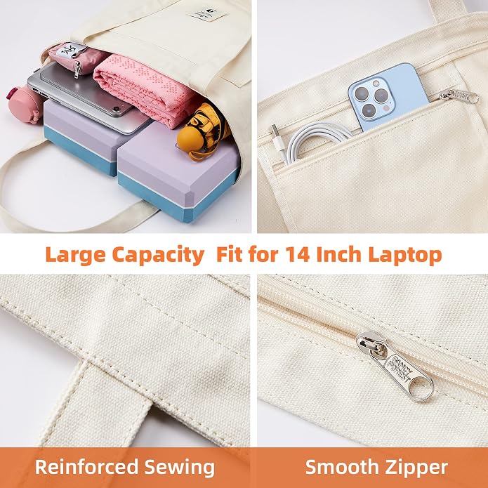WLLWOO Yoga Mat Carrier Bag for Women Canvas Carryall Tote Gym Pilates | Large Holder Zipper Shoulder for Beach Travel Workout Fitness Office