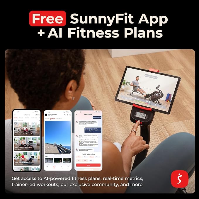 Sunny Health & Fitness Smart Full Motion Rower | 12 Resistance Levels, Dual-Arm Design, SunnyFit App Connectivity, 400 LB Capacity, Optional Back-Assist Core Trainer