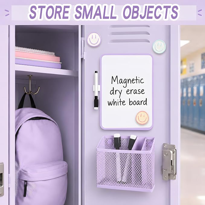 8 PCS Purple Locker Accessories for Girls Cute Locker Decorations Kit with Magnetic Mirror Whiteboard Pen Holder Magnets Locker Organizer Set for School Back to School Essentials