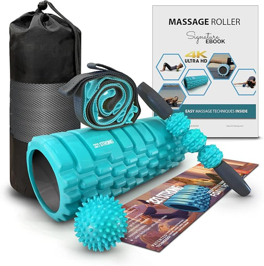 321 STRONG 5-in-1 Massage Set, Complete Mobility Kit for Workout Recovery | Deep Tissue Roller for Legs, Spikey Foot Ball, Hamstring Stretch Strap, Quad Roller Stick, Carry Bag