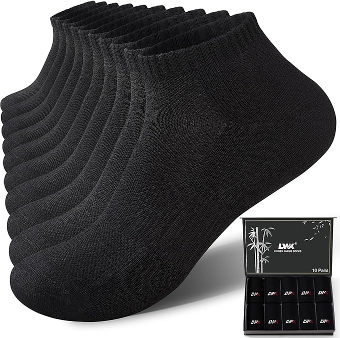 LWK Men's Bamboo Viscose Ankle Socks 10-Pack, Thick Cushioned, Seamless Toe, Moisture Wicking, Arch Support, Gift Box