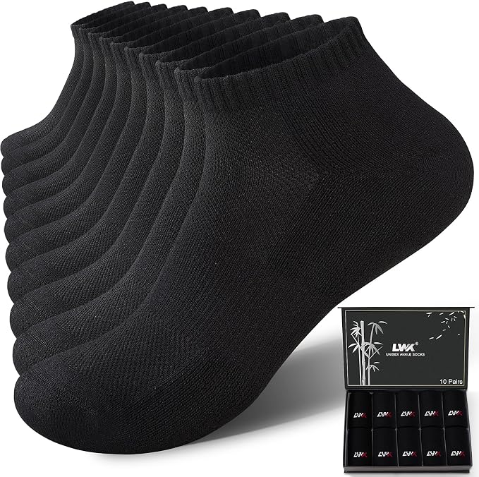 LWK Men's Bamboo Viscose Ankle Socks 10-Pack, Thick Cushioned, Seamless Toe, Moisture Wicking, Arch Support, Gift Box