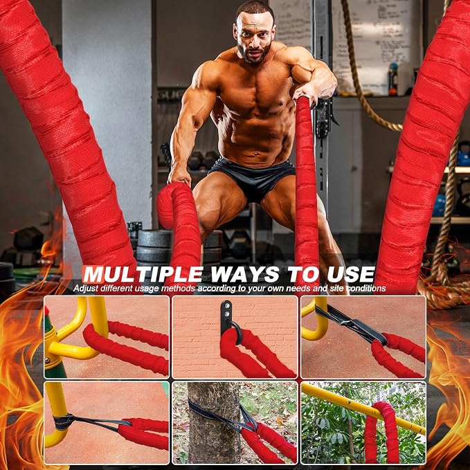 Battle Ropes for Home Gym Exercise - 1.5 Inch Diameter 30FT Red Battle Rope Workout Exercise Training Ropes with Protective Sleeve for Kids Men Women Exercise Fitness & Strength Training
