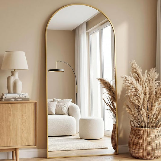 71"x32" Arched Full Length Mirror with Stand, Free Standing Leaning Wall Mounted Aluminum Alloy Frame Mirror for Bedroom Living Room Cloakroom, Gold