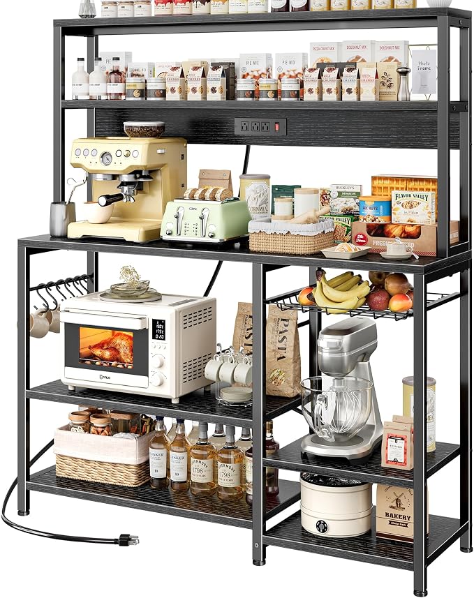 SUPERJARE Bakers Rack with Power Outlet, 47.2 Inches Coffee Bar with Basket | Kitchen Microwave Stand with 3 Level-Adjustable Open Shelves, with 7 S-Shaped Hooks, Black