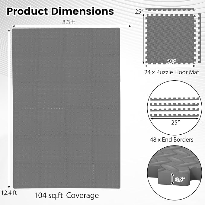 Tangkula 24 Tiles Exercise Flooring Mats with Border, Non-Slip EVA Foam Protective Mats, Elastic Puzzle Play Mats, 1/2" Interlocking Floor Mats for Home Gym, Fitness Room, Workshop Equipment (Gray)