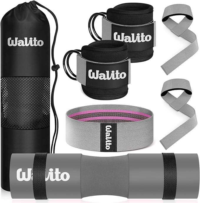 WALITO 8Pcs Barbell Pad Set for Hip Thrust - Squat Pad,Gym Accessories for Women with Bar Bad,Bench Press, with Gym Ankle Straps,Resistance Bands for Working Out,Lifting Strap,Carry Bag
