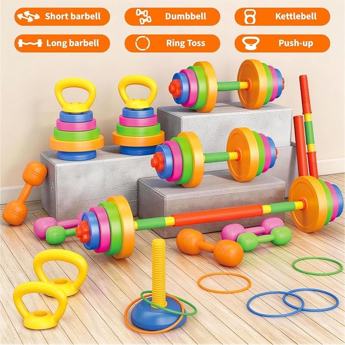 6-in-1 Kids Weight Set, Kids Workout Equipment, Kid exercise equipment Toys | Kids Adjustable Dumbbell, Barbell, Kettlebell, Push-Up ,Ring. Fitness Play Gym Toys Set Gift Small Weights for Kids Boy Girl