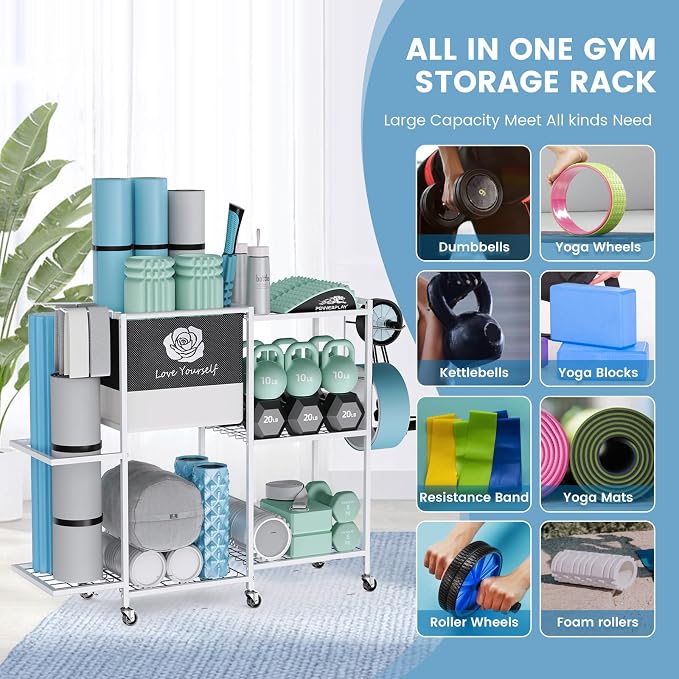 Yoga Mat Storage Rack，Home Gym Storage Rack Gym Workout Equipment Storage Organizer Fitness Weight Rack on Wheels for Yoga Mat,Yoga Block,Foam Roller,Resistance Band,Dumbbell,Kettlebell and Other Workout Accessories