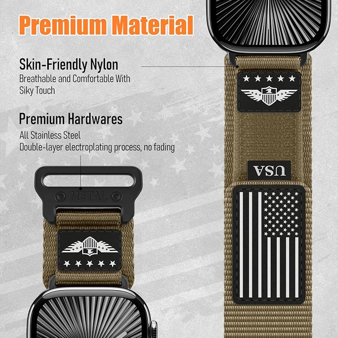 Rugged Nylon for Apple Watch Ultra 2/ Ultra 3 Band Series 11/10/9/8/7/6/5/4/3/SE iWatch Bands Men,Soft Woven Stars-Stripes Flag Wristbands Strap for Apple Watch Ultra 3/2/1 49mm 46mm 45mm 44mm 42mm