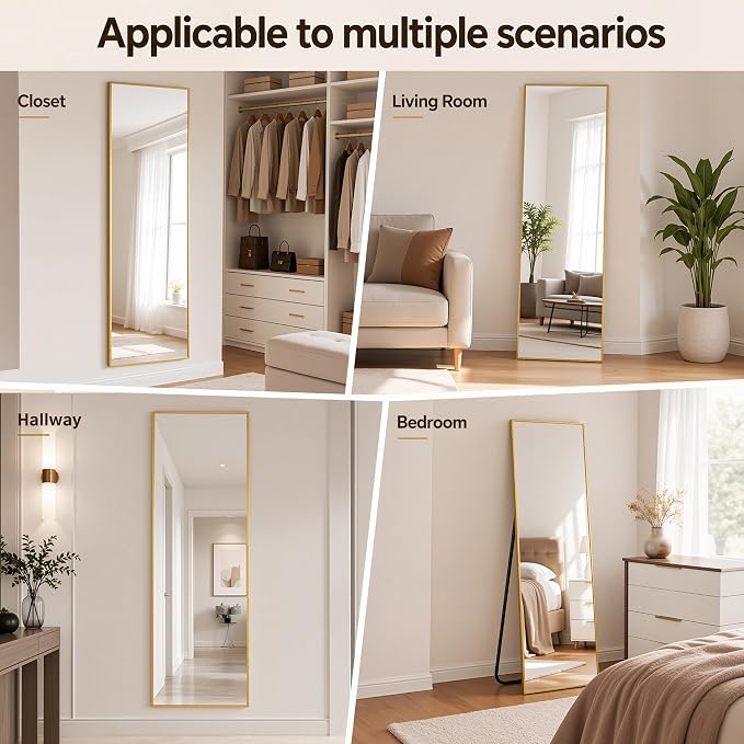 Antok Full Length Mirror, 58"x19" Floor Mirror with Stand, Hanging Mounted Mirrors for Bedroom, Living Room, Cloakroom, Dining Room, Gold, Rect