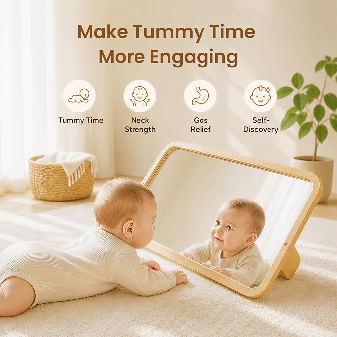 Woodtoe Montessori Mirror with Bar, Tummy Time Floor Mirror Toys for Baby | Baby Pull to Stand Toys, Natural Unpainted Solid Wood Frame, Baby Pull Up Bar, Developmental Toys for Nursery (Small Size)