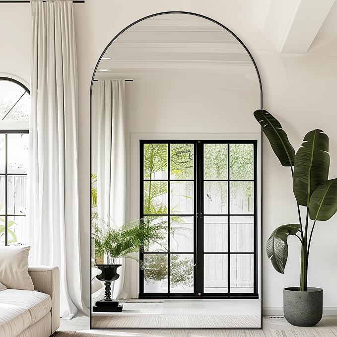 Antok 91" x46” Arched Full Length Floor Mirror, Black Aluminum Frame, Free Standing/Wall Mount/Leaning for Bedroom, Living Room, Dressing Room