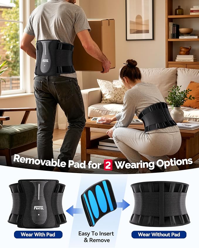 FEATOL Back Brace for Lower Back Pain Wide Coverage 360° Strong Lumbar Support with Removable Pad, Adjustable Waist Support Belt for Men Women, Size S/M 24.4''-29.8''