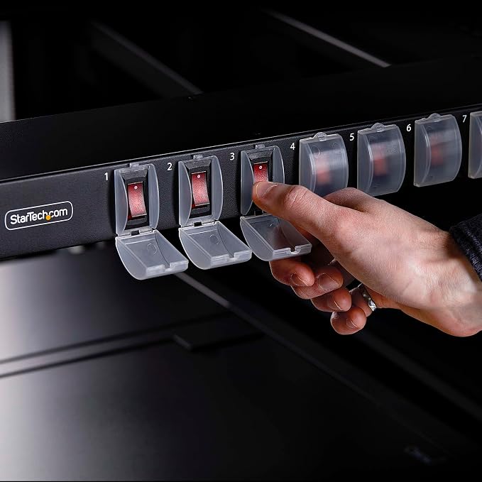 StarTech 8-Outlet 1U Switched PDU, 15A, TAA, 125V (8NS8-RACK-MOUNT-PDU) | Horizontal rack mount power strip, Outlet on/off switches, 15A breaker, 8ft/2.4m cord, NEMA 5-15, Illuminated rockers