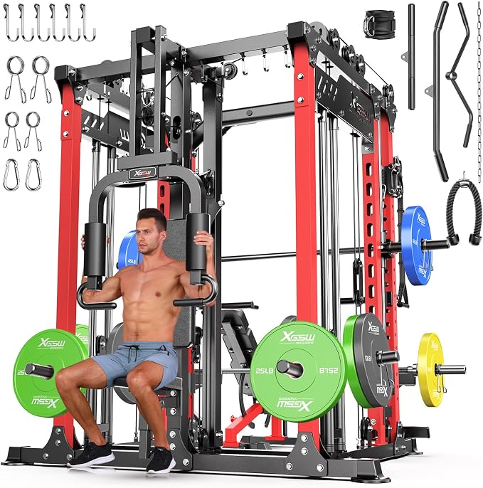 Smith Machine with Cable Crossover System, Multi-Function Power Cage Squat Rack for Home Gym, Power Rack and Packages Weight Sets.