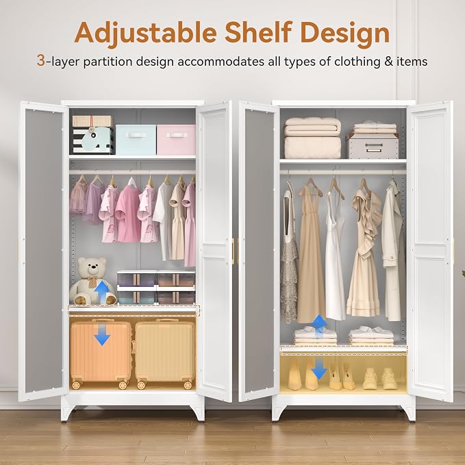 Polup Metal Armoire Wardrobe Closet with Mirror, 71" Tall White Cabinet | Heavy Duty Steel Clothing Storage Cabinet with Hanging Rod & Adjustable Shelves for Bedroom, Office, Gym, Garage, Armarios