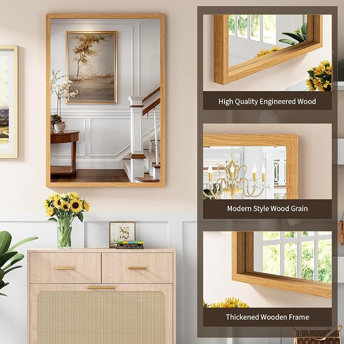 Syndra Natural Wood Frame Bathroom Mirror, 24x36'' Modern Vanity Mirror for Wall, Waterproof Slim Deep Frame, Rectangular HD Tempered Glass Mirror for Living Room, Bedroom, Entryway, Rustic, Farmhouse