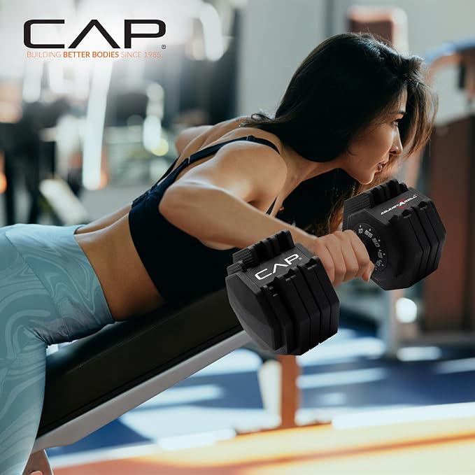 CAP ADJUSTABELL Adjustable Dumbbell Set, Premium Quick Select Adjustable Weights for Strength Training, Singles & Pairs, 12.5 LB, 25 LB & 55 LB, Round & Hex Dumbbells, Multiple Grip Handle Options